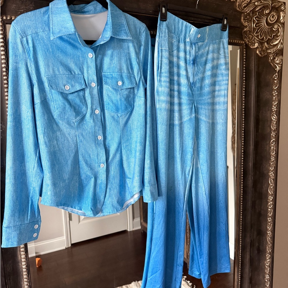 Denim blue look Two-Piece Shirt & Wide-Leg Pant Lounge Set